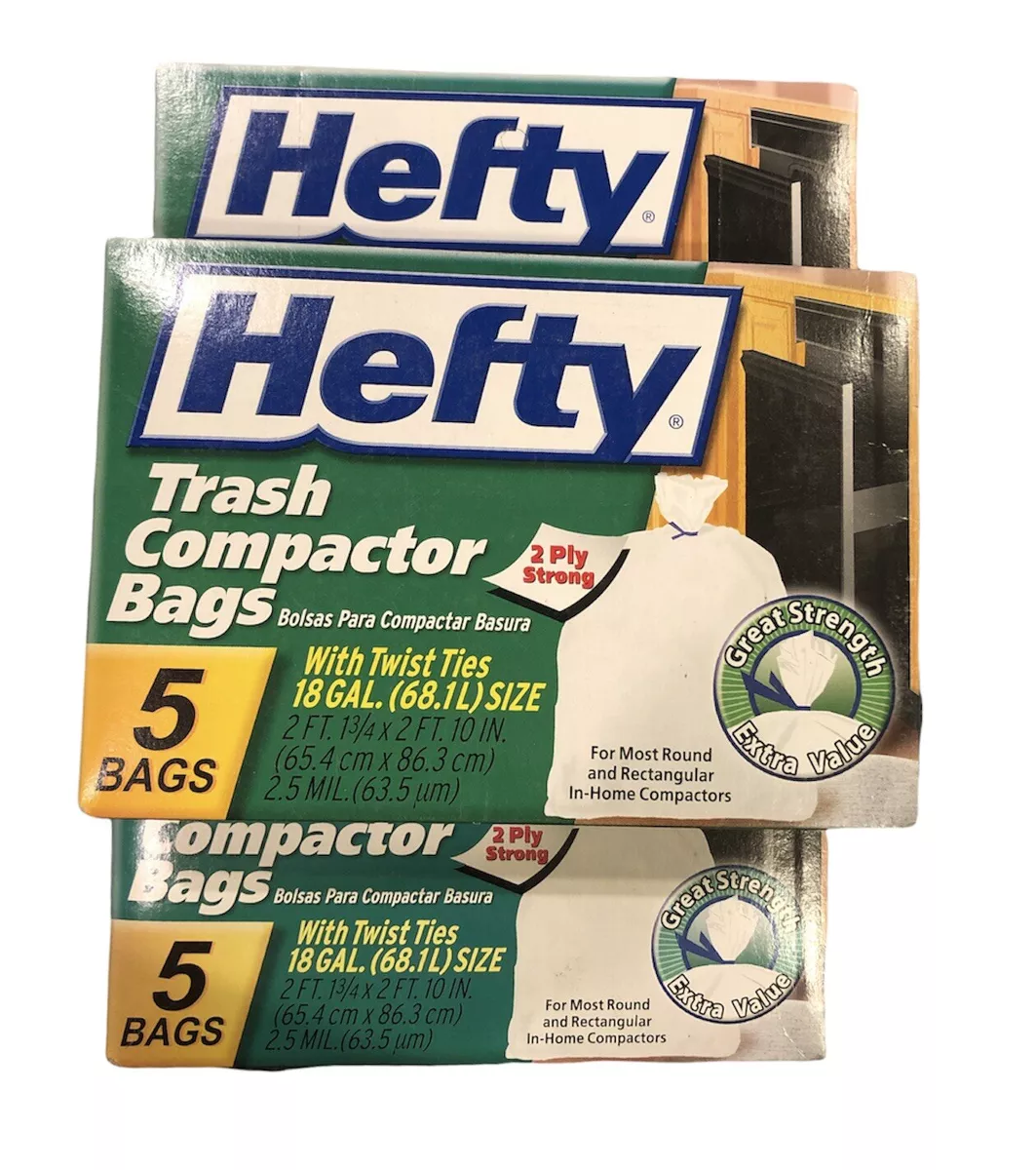 Lot 3 Boxes Hefty 5 Count Trash Compactor Twist Tie Bags Backpack Liners 18 Gal