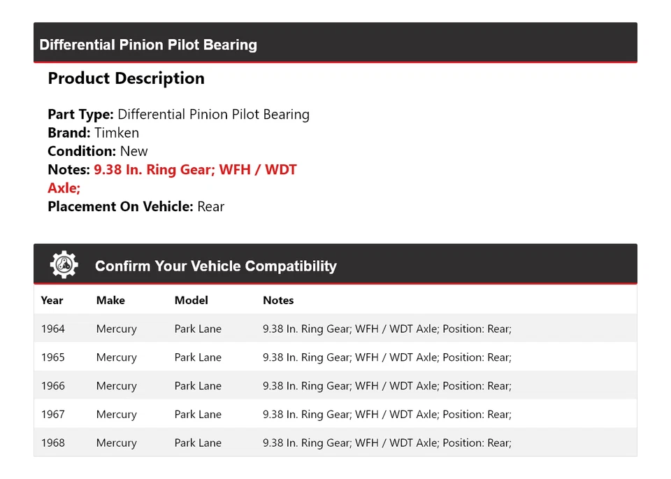 适用于 1964 - 1968 年 Mercury Park Lane 差速小齿轮飞行员轴承后铁姆肯 — 第 2/4 张图片