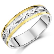 Men's Silver & 9ct Yellow Gold Ring Patterned Wedding 6mm Ring