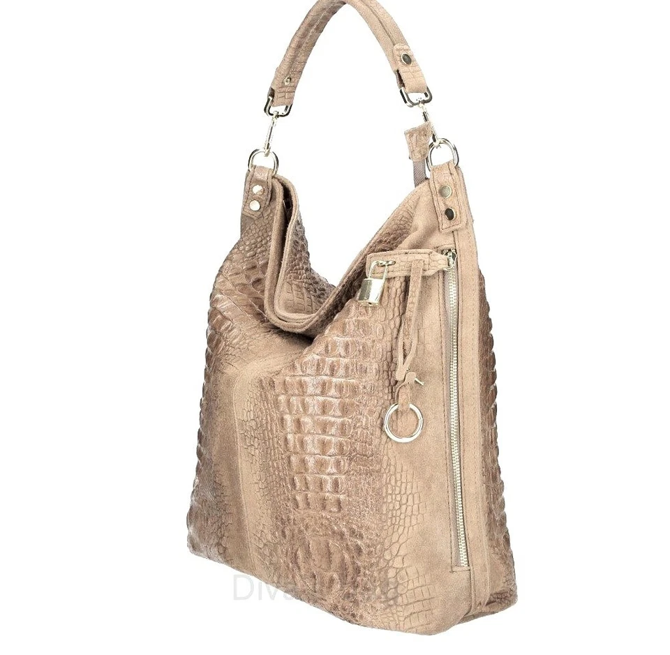 BOLSO DE HOMBRO ITALIANO X-LARGE CUERO GENUINO GAMUZA COCODRILO EN RELIEVE; HECHO EN ITALIA Foto 3 de 4