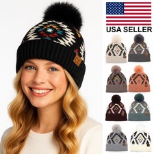 C.C Exclusive Women's Multicolor Soft Aztec Pattern Beanie with Faux Fur Pom