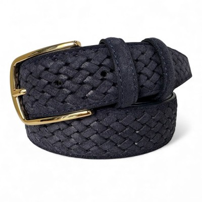 HERREN BLAU VELOURSLEDER ITALIENISCHES LEDER GÜRTEL GEFLOCHTEN GEPRÄGT GOLD SCHNALLE S, M, L, XL, XXL 35 MM