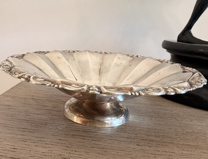 Vintage 800 Silver Pedestal Bowl Candy Nut Dish Scalloped Ornate Footed