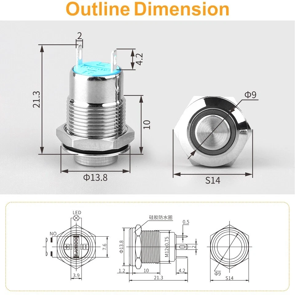 12mm Cabeza Plana Símbolo LED Metal Timbre Pulsador con Interruptor y Conector Foto 4 de 4