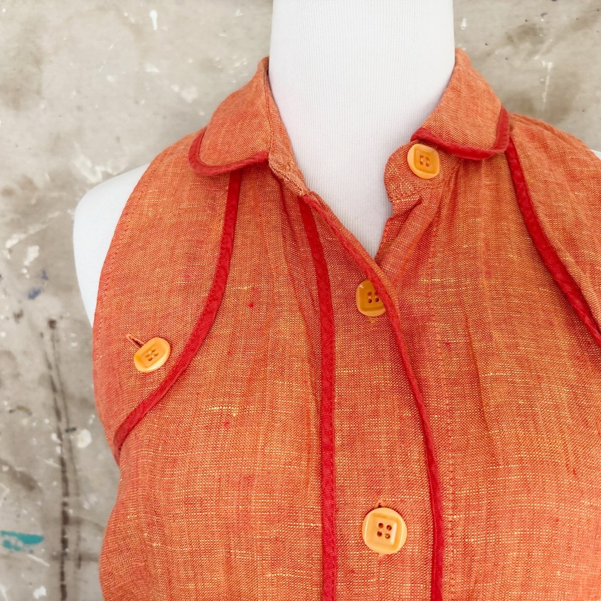 Weekend Max Mara Linen Shirt Dress Sz 8 - Orange Button Collared Sleeveless Midi View 2