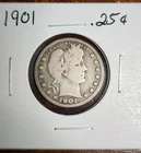 1901 Barber Quarter Dollar US 90% Silver 25 Cent Coin, Circulated