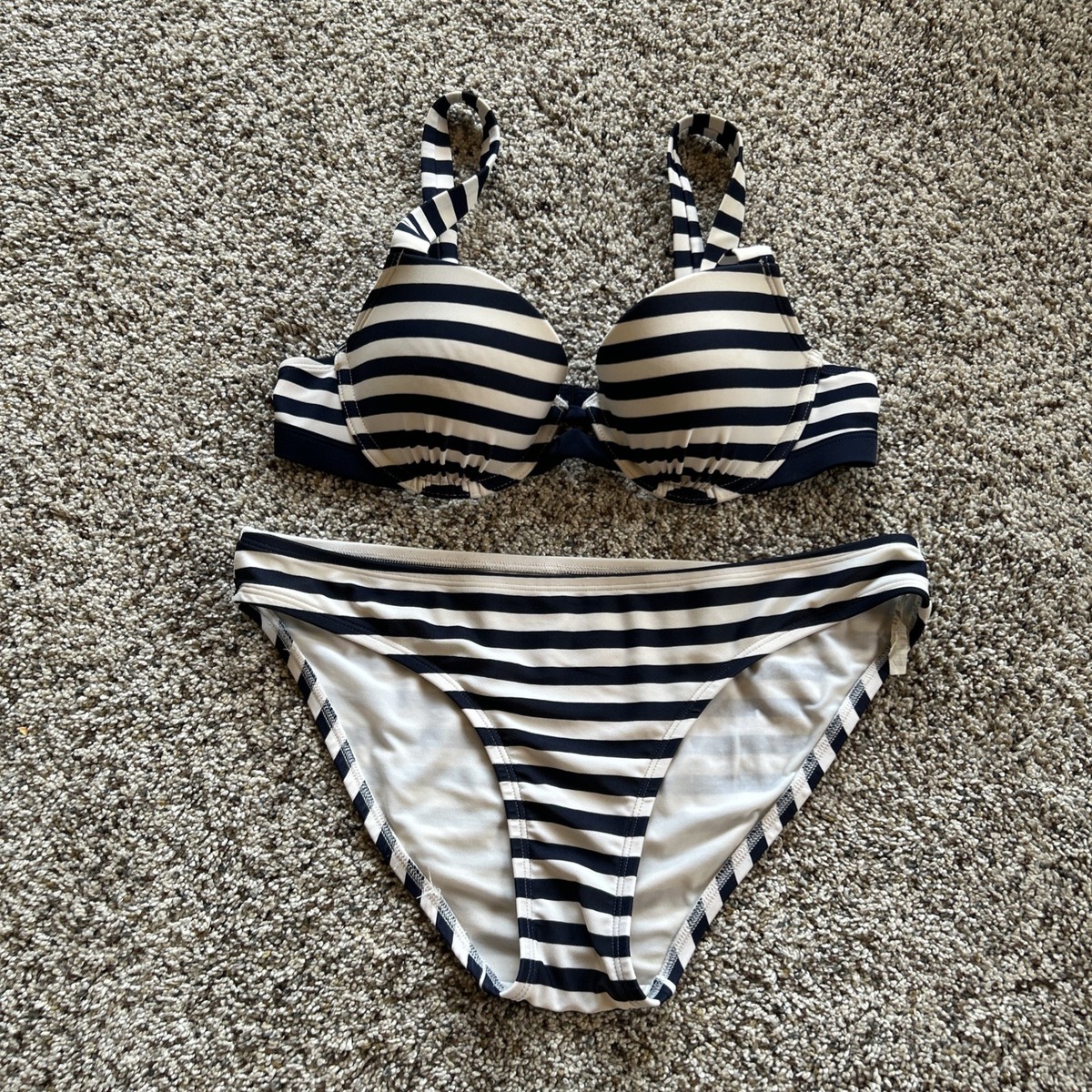 Aerie Swim 2 Piece Bikini Set 34B/S Top & Bottoms Navy Blue/White