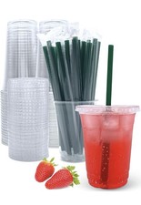 50 Sets 12oz Clear Plastic Cups with Lids & Straws Disposable Cold Drink Cups