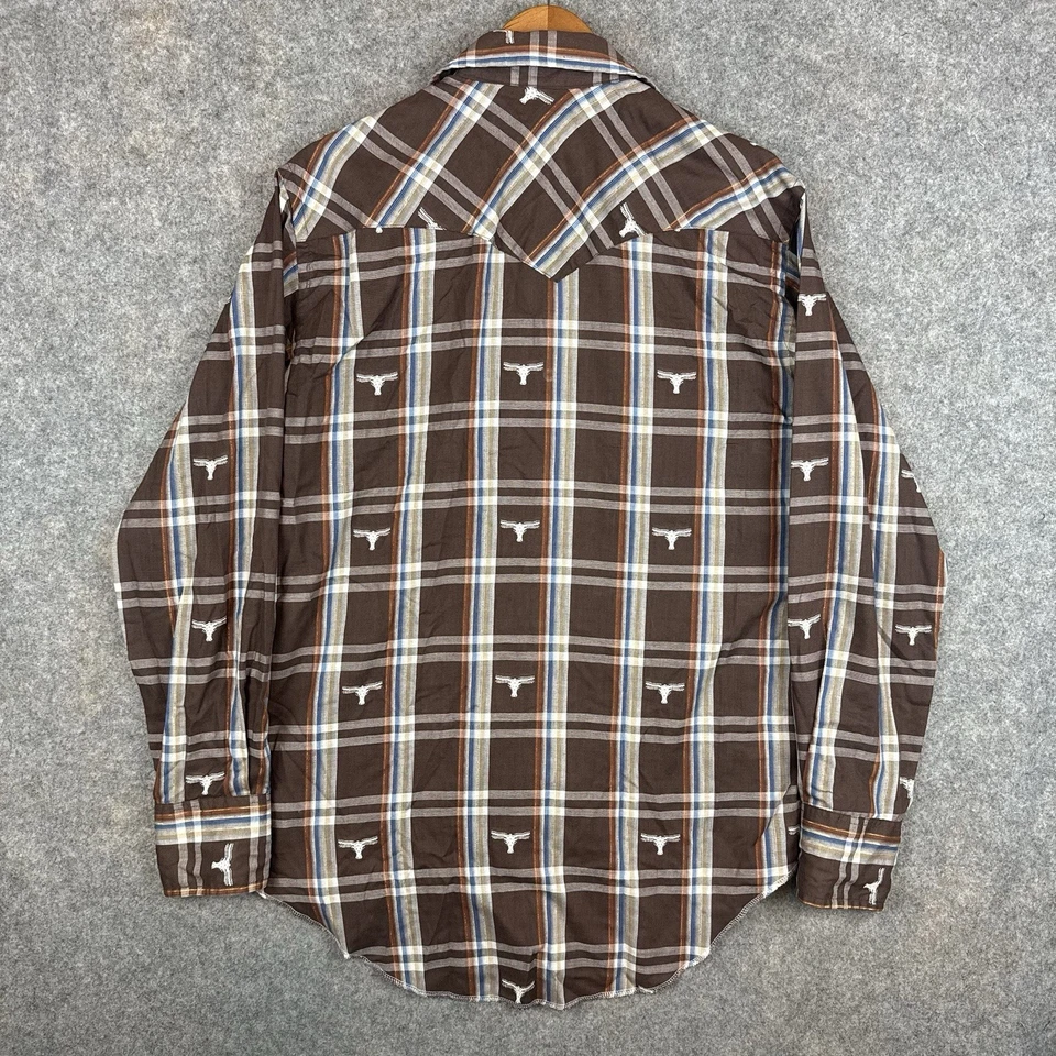 VTG Wrangler Shirt Mens 16.5 Permanent Press Long Tails Bull AOP Pearl Snap 70s - Image 2 of 4