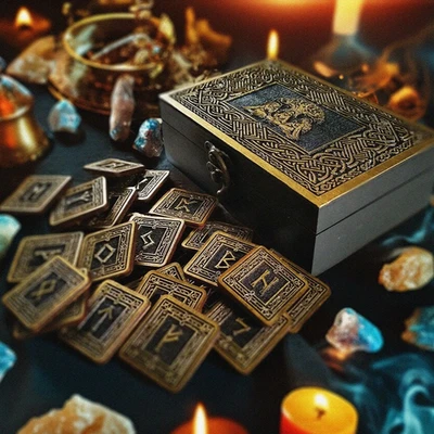 Norns Boxed Wooden Rune Set Elder Futhark viking pagan gift box set black gold