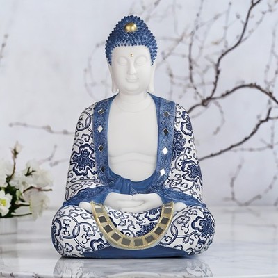 17.5''H Blue and White Buddha Meditating Figurine Ornament Home Decor Unique Gift
