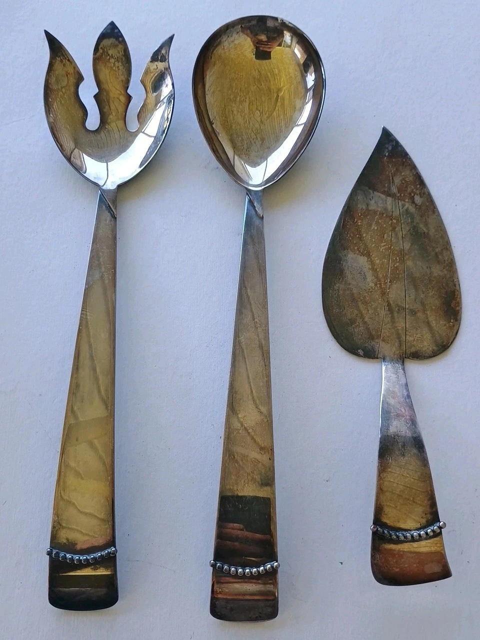Vtg Three Crowns Silver Plate Fork & Spoon Utensils Salad Set & Pie Server MCM