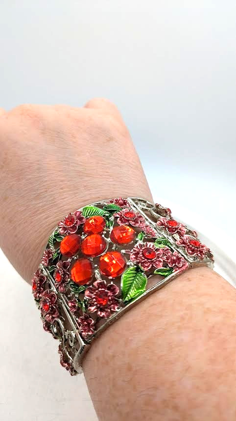 Red Rhinestone Cuff Bracelet Silver Floral - image 5