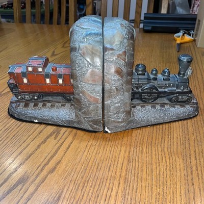 Vintage Train Bookends Set Rustic Bronze Caboose Locomotive Decor