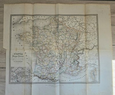 1861 France Map France Physique et Politique Colored Original Engraving