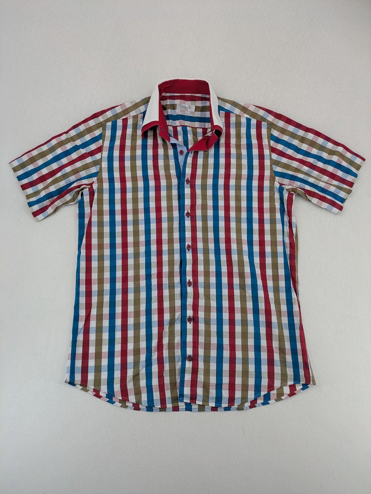 Sovrano Herren Hemd Kurzarm Slim Fit L/XL Kariert Doppelkragen Mehrfarbig