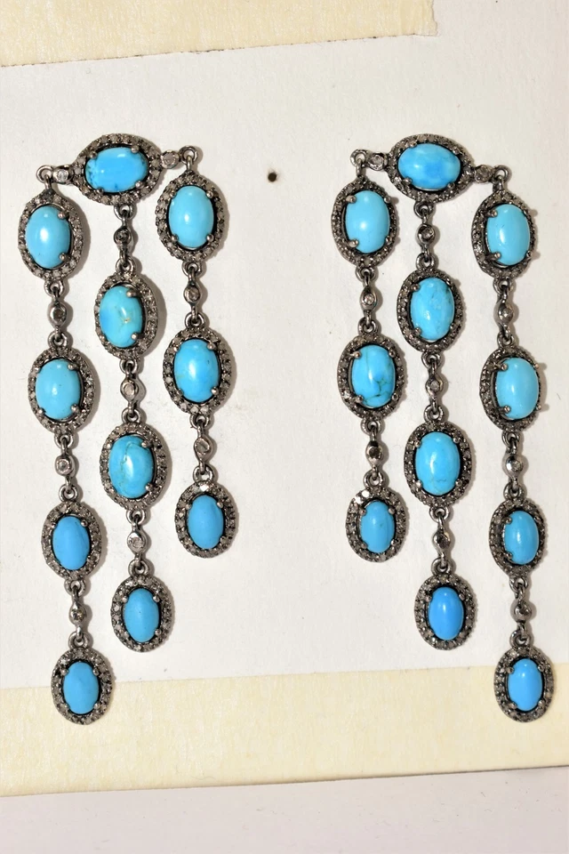 Pave Diamond And Turquoise Earrings 925 Sterling Silver Victorian Jewelry - Image 3 of 4
