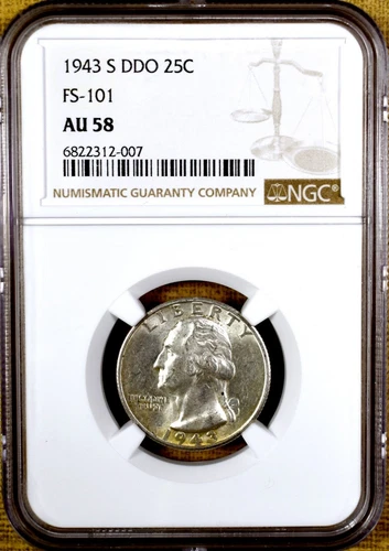 1943-S NGC AU58 FS-101 Doubled Die Obverse DDO Washington Quarter