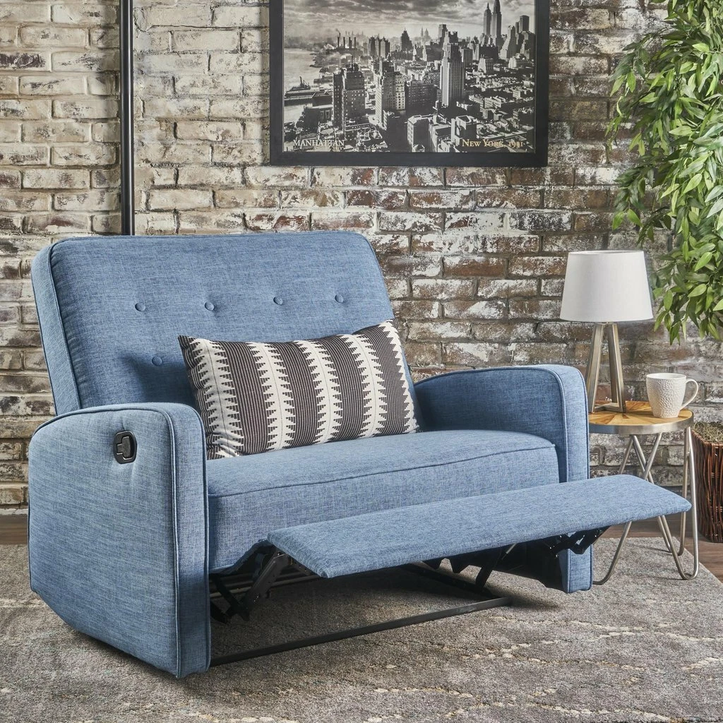 Blue 2 Person Loveseat Sofa Recliner Home Living Room Furniture Button Back