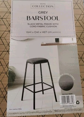 Black Metal Barstool With Grey Cord Fabric Cushion High Stool For Dining/Kitchen - Picture 2 of 4
