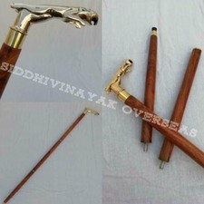 Brass Antique Style Shiny Look Polish Jaguar Handle W/Brown Wooden Walking Cane