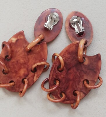 Boucles D'oreilles Pendantes Vintage Années 80-90 - Clips Acrylique Marron, Occasion