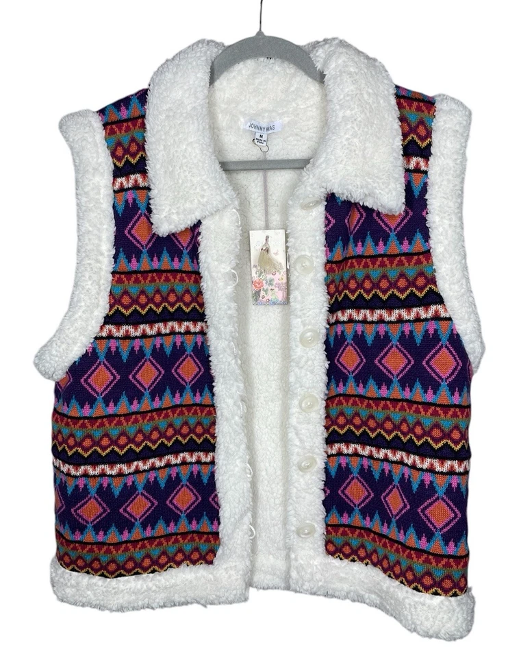 Johnny Was XL Yuya Sherpa Reversible Vest Alpaca Blend Print Ivory Jacket $398 - Image 2 of 4