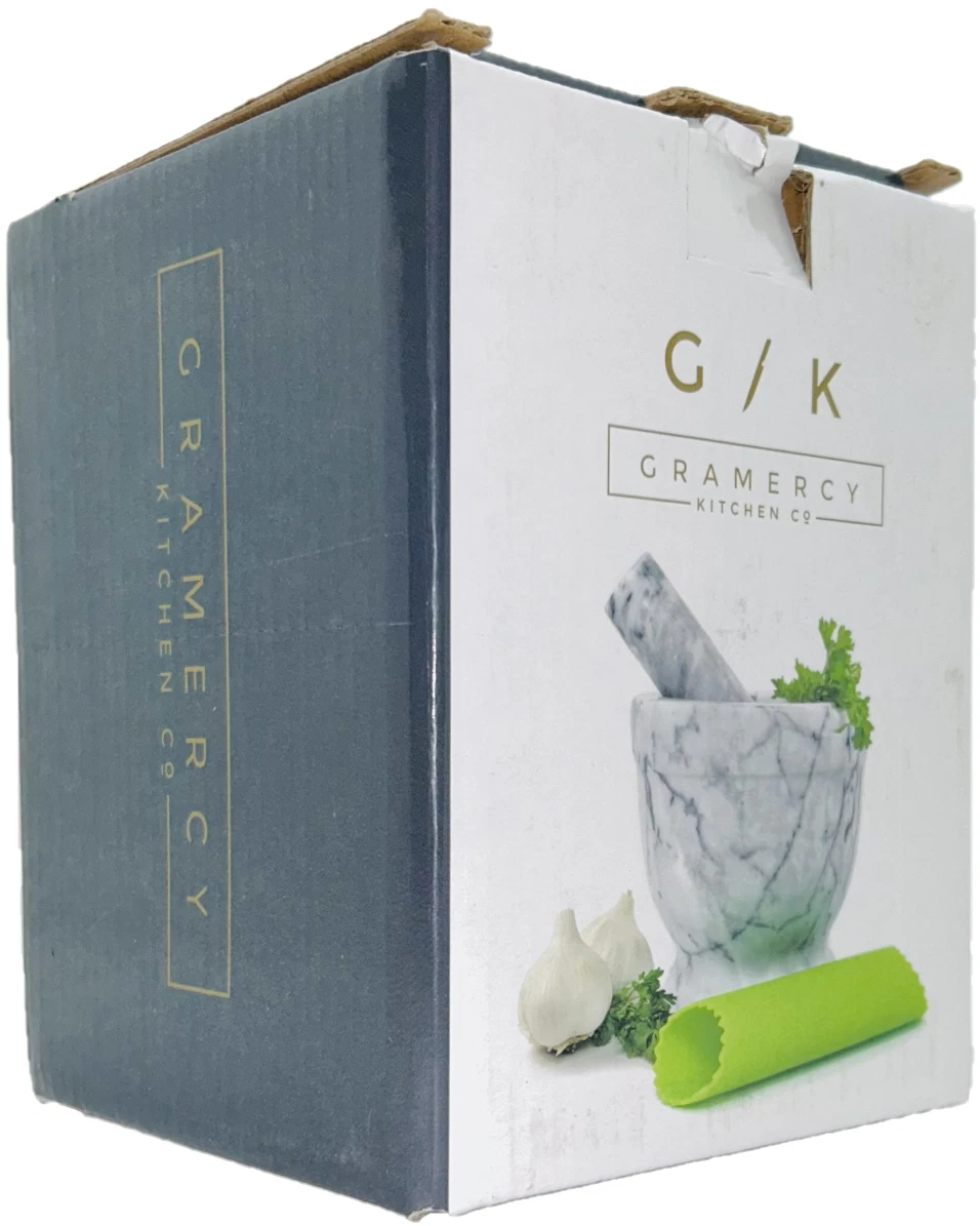 Gramercy Kitchen Mortar and Pestle Grinding Set Polished Marble White Grey Vein