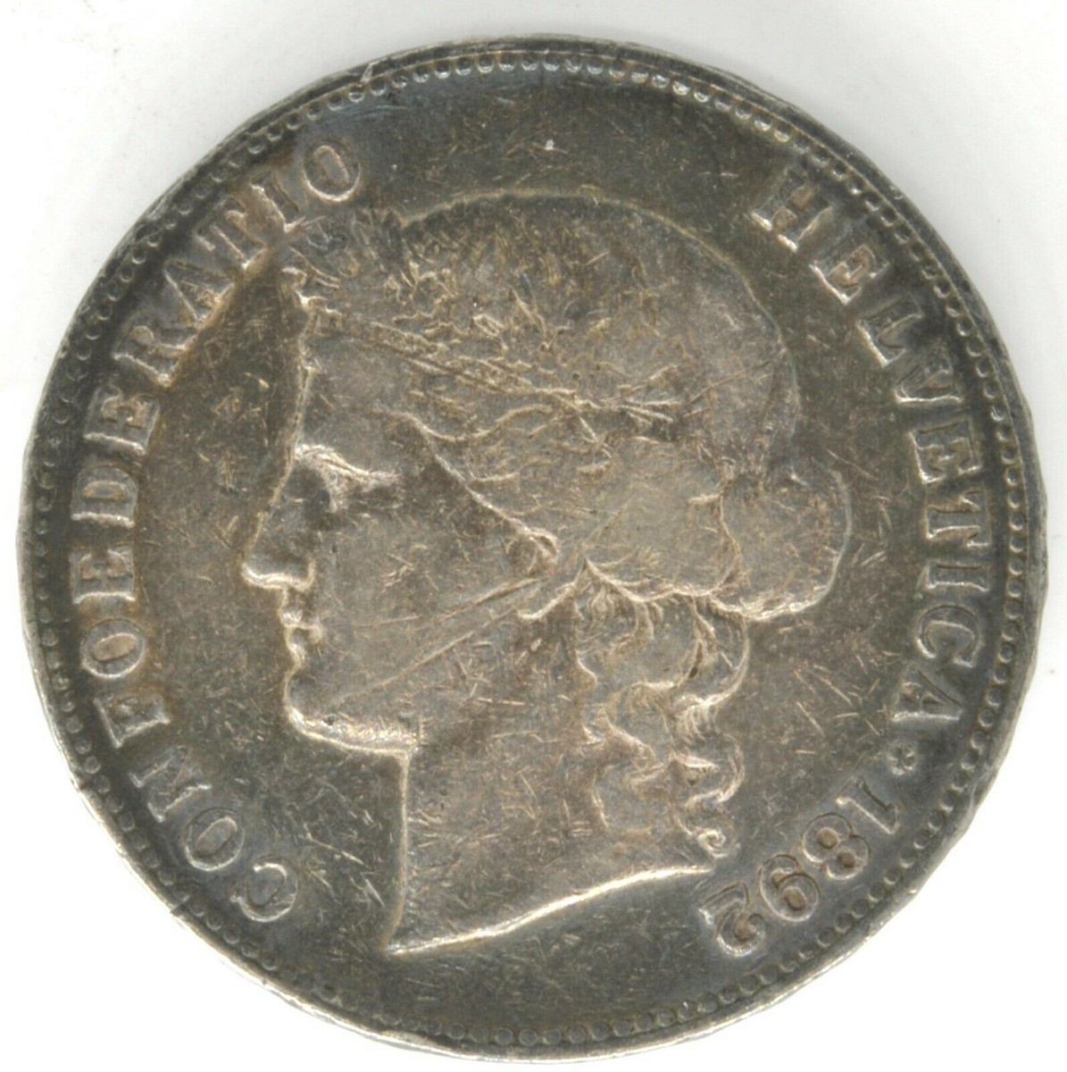 1892 B Switzerland 5 Francs 0.900 % Silver Coin KM# 34 Berne Mint Helvetica