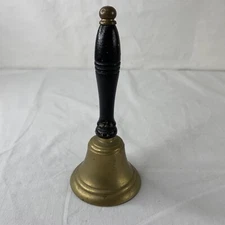 Vintage Brass Teachers School Call Dinner Bell Wood Handle 6" Tall patina nice