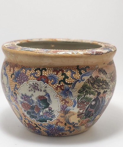 Vintage Japanese Small Pot Geisha Girls Suitors Peacocks Blossoms 4”w x 3”ht - Picture 2 of 16