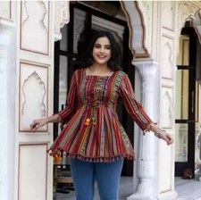 Women Tunic wear ; Multicolour strips Printed Flared dori style Tunic Kurti