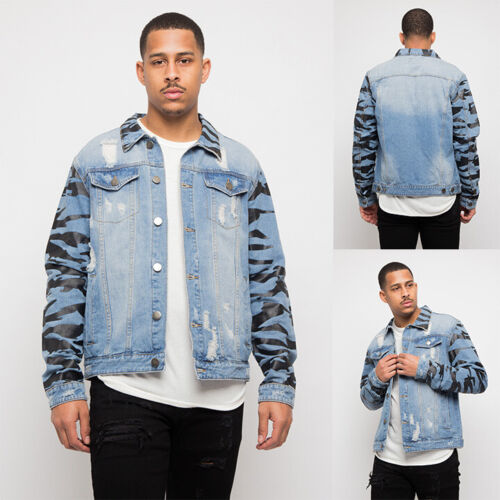 Victorious Men's Casual Distressed Tiger Camo Sleeve Denim Jean Jacket DK154EY - Picture 1 of 7