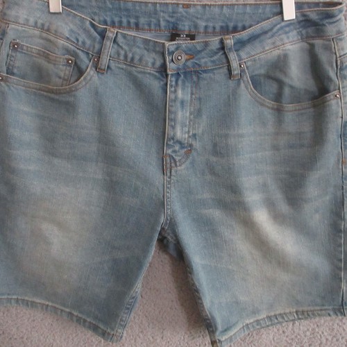 Ring Of Fire Shorts Mens Size 33 Blue Light Wash Denim 8'' Faded Whisker Stretch - Picture 4 of 11