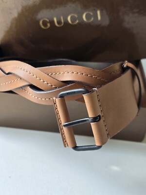 Gucci camel brown leather belt square buckle braided 70-28 100