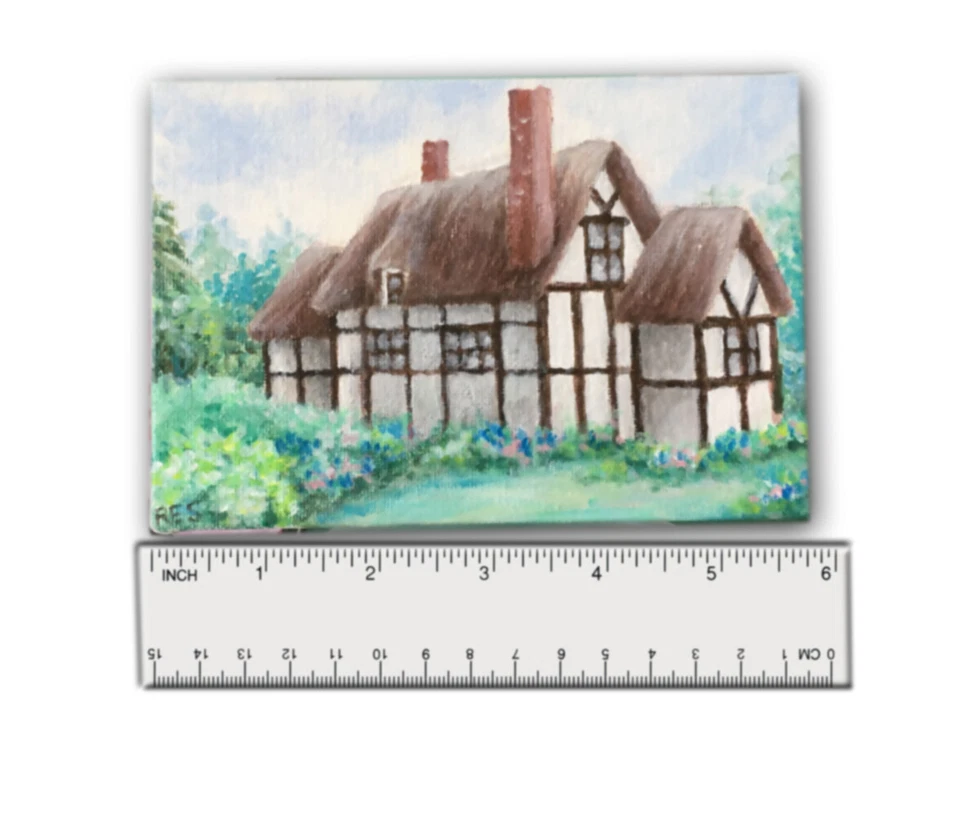 Casa de campo inglesa, pintura, Cotswolds, shabby chic, jardín, floral, arte original, verde Foto 4 de 4