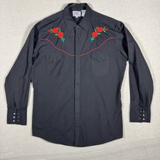 Ely Diamond Vintage Western Shirt Black L Pearl Snap Red Rose Embroidery