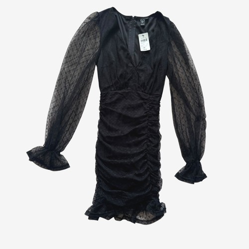 Windsor Black Star Lace Ruched Mini Dress sheer Puff Sleeve XS NWT celestial