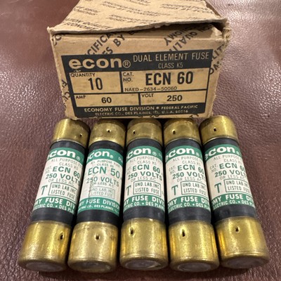 Lot of 5 Fuses Econ ECN 60 60 A Amp 250 VAC Time Delay Class K5 Dual Element