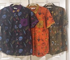 Lot 3 Creepy Button Up Shirt Halloween Skulls Flies Weird Stuff XXL Scrubs