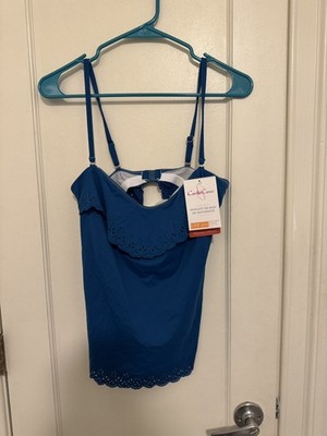 NWT Cache Coeur Teal Maternity Tankini Top Scalloped Laser Cut Ruffle UPF 50+ M