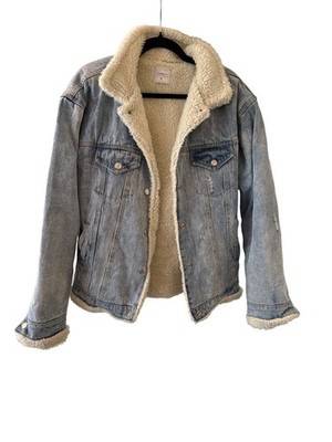 The Lemon Womens Distressed Sherpa-Lined Denim Jacket Western Trucker