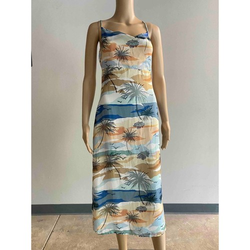 GREYLIN Tropical Palm Tree Cowl Neck Slip Dress Blue Tan XS