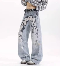 Men's Light Blue Denim Jeans Dog Printed Ripped Casual Pants Trousers Hip Hop