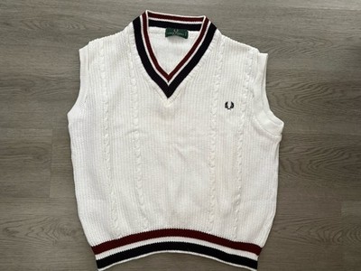 Vintage Fred Perry V-Ausschnitt weiß Cricket Zopfmuster Pullover Weste-Größe Medium