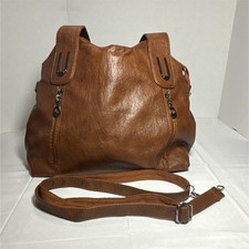 Brown Shoulder Bag Detachable Strap Zip Closure Silver Hardware Inner Pockets