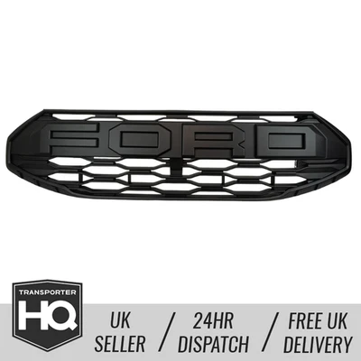 TRANSPORTERHQ Ford Transit Custom (2024-) Honeycomb Front Grille with Lettering (Gloss Black)