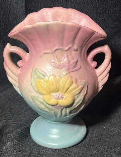 Vintage Hull American Art Pottery Magnolia Flower Floral Vase Pink Swan Handles