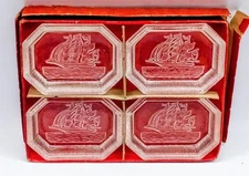Set 4 Bohemian Glass Intaglio Sail Boats, Ships Salt Cellars H. Hoffman In Box