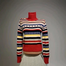 Y2K Tommy Jeans Wool-Angora Sweater Turtleneck Side Buttons Nordic Stripes Sz L